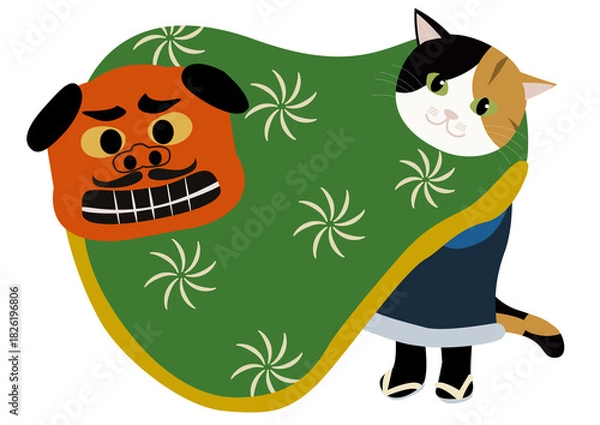 Obraz 日本の伝統の獅子舞のミケ猫