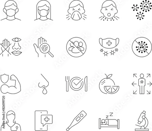 Fototapeta Cold and flu prevention line icons editable stroke