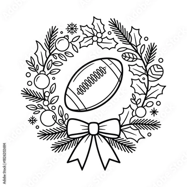 Obraz American Football Christmas Wreath with Holly and Ornaments Line Art berries