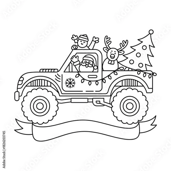 Obraz Santa Claus and Snowman Driving Monster Truck with Christmas Tree and Reindeer vector
