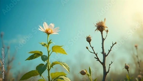 Obraz Green flower and dry stem contrast in sunrise field