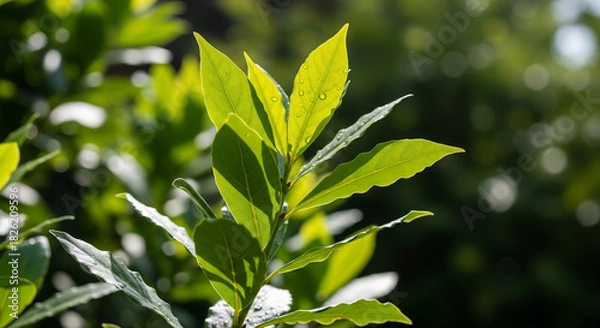 Obraz Close-up of fresh green leaves with water droplets, backlit by vibrant sunlight.