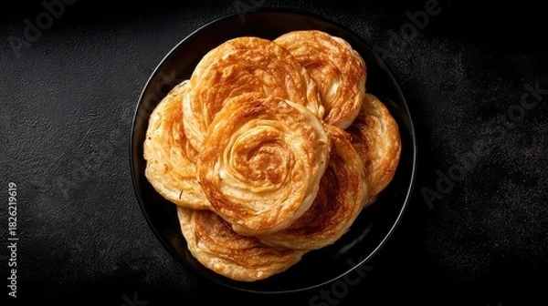 Fototapeta Top-down shot of Qatlama, Uyghur layered fried bread arranged neatly, visible spiraled layers and golden crunchy surface