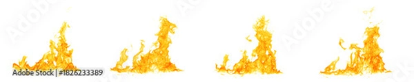 Fototapeta Realistic orange fire flames isolated on white background, showing dynamic burning motion and heat energy, ideal for graphic design, advertising, visual effects, and emergency safety concepts.