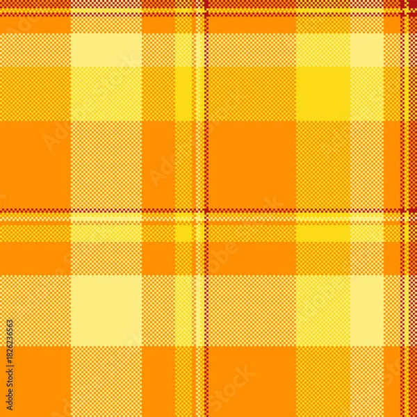 Fototapeta Warm pixelated plaid pattern. Retro textile design with orange and yellow hues. Use for backgrounds, fabric textures, or abstract pixel art projects.