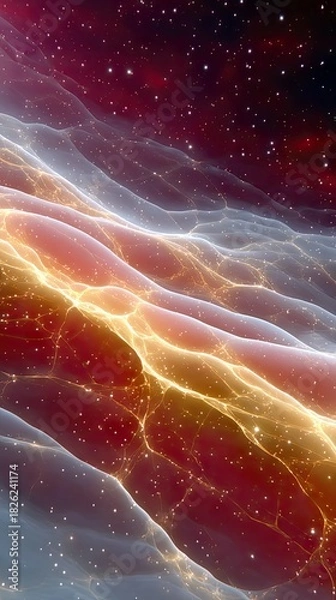 Fototapeta A vibrant, abstract depiction of a cosmic nebula with swirling clouds of red, orange, and white gas, illuminated by countless twinkling stars and internal glowi