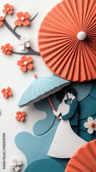 Obraz A stylized paper art scene depicting a couple in wedding attire embracing under a light blue umbrella, surrounded by decorative paper flowers and orange fans. T