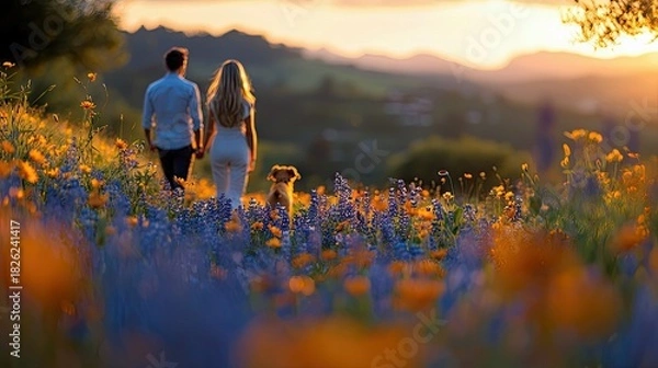 Obraz A man and a woman holding hands and walking through a vibrant field of wildflowers with their dog. The scene is bathed in the warm, golden light of a sunset, cr