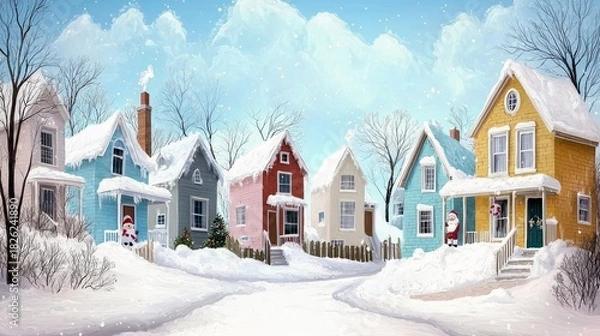 Fototapeta A charming winter scene depicts a row of colorful, snow-covered houses lining a street. Two Santa Claus figures are visible, one by a blue house and another by
