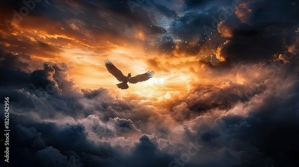 Fototapeta A majestic eagle with wings spread wide soars through a dramatic sky filled with dark, textured clouds illuminated by a vibrant sunset glow.