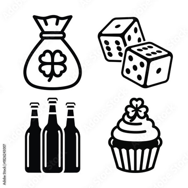 Obraz St patricks day and luck icons money bag, dice, bottles, cupcake, isolated on white background