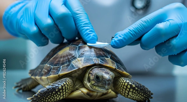 Obraz Veterinarian in blue gloves examining a small turtles shell with a medical tool.