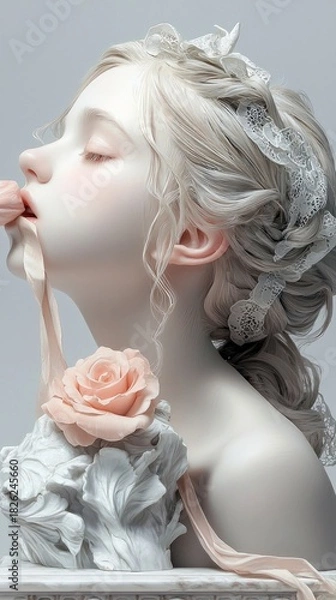 Fototapeta A pale, ethereal young woman with closed eyes and light hair adorned with lace, gently touching a pink rose with a ribbon. Soft, diffused lighting.