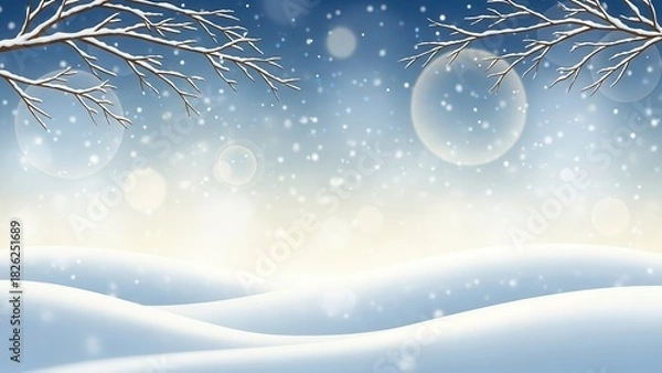 Fototapeta Snowy winter landscape with bare branches and falling snow