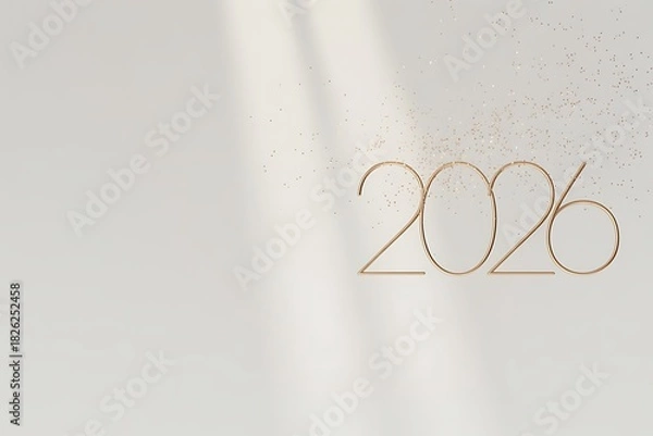 Fototapeta Elegant 2026 golden typography with shimmering glitter for a luxurious New Year celebration or sophisticated corporate event branding on neutral backdrop