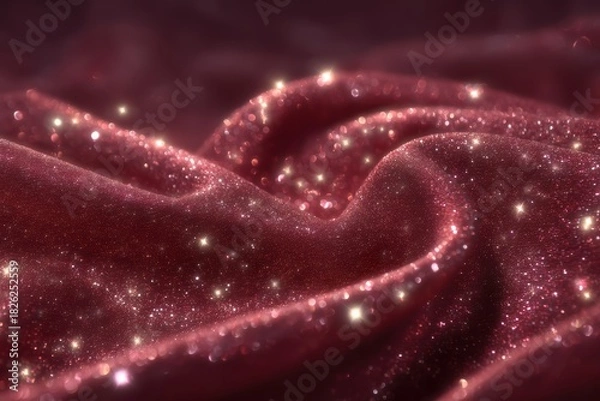 Obraz Luxurious red velvet glitter folds with golden light reflections, ideal for premium gift designs, festive branding and elegant holiday backgrounds.