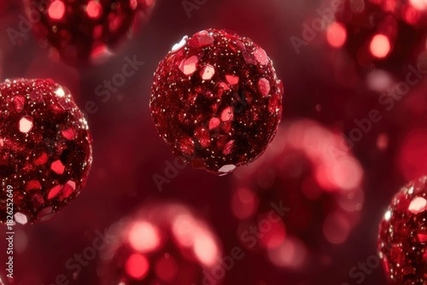 Fototapeta Floating red crystal spheres with sparkling glitter texture, perfect for luxury holiday graphics, abstract 3D backgrounds and festive creative concepts.