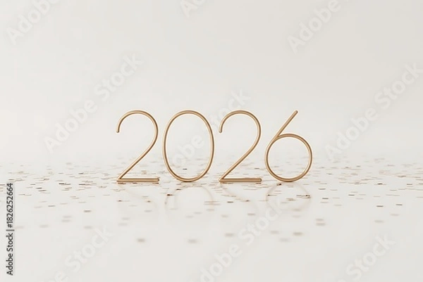 Fototapeta Elegant golden 2026 numerals with shimmering confetti, a modern backdrop for future celebration, new year's greetings and financial planning with subtle luxury