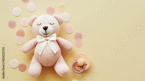 Fototapeta Cute pink teddy bear with pacifier and confetti on a soft yellow background