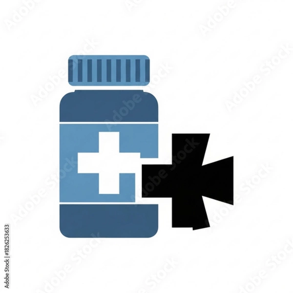 Fototapeta Illustration of a blue medicine bottle with a white cross and a black cross next to it isolated