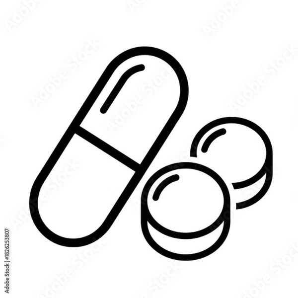 Fototapeta Illustration of a capsule and two round pills in black outline on a white background showing medication 100