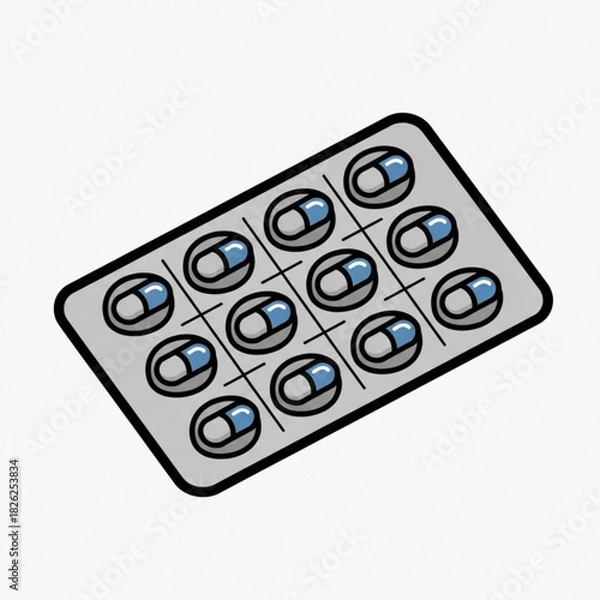 Fototapeta Illustration of a blister pack containing twelve blue and white capsule pills on a white background