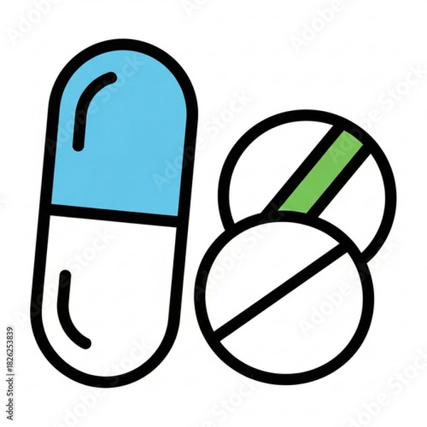 Fototapeta Illustration of a blue and white capsule and two white pills with green stripes on a white background