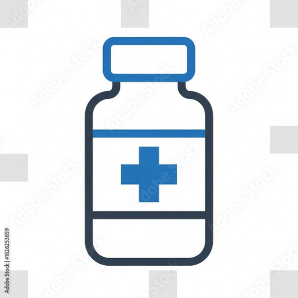 Fototapeta Illustration of a blue and white medicine bottle with a plus sign on the label in a simple design