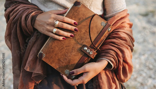 Fototapeta Woman holding a rustic journal. Stylish hands with rings and a scarf create an earthy, vintage feel. Ideal for writing, memories, or creative projects.