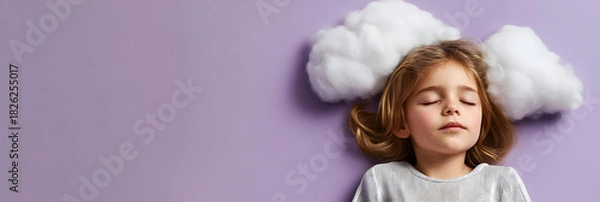 Obraz Peaceful child sleeping soundly with a whimsical dream cloud floating above head wide banner - purple background