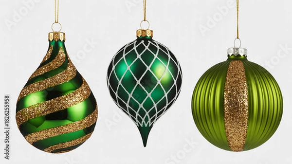 Obraz Three sparkling green christmas ornaments with gold glitter stripes