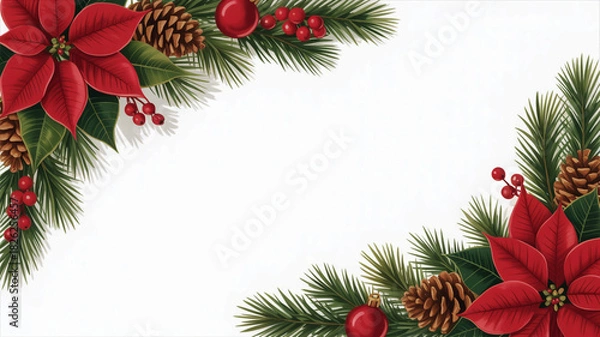 Obraz Christmas corner border with poinsettias pinecones and berries