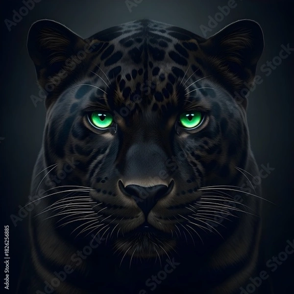 Obraz A sleek black panther with vivid green eyes is depicted on a dark background, highlighting its fierce and captivating presence.