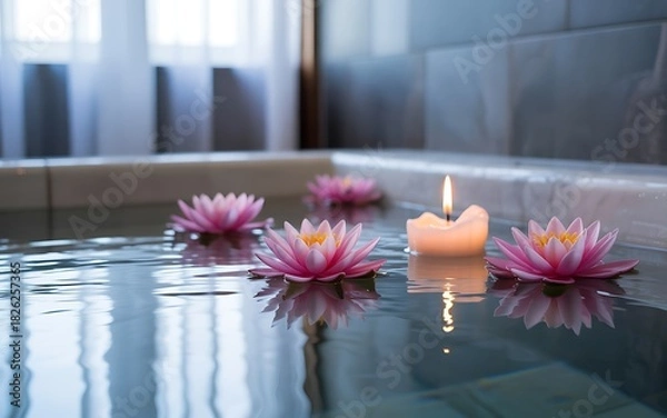 Fototapeta Tranquil spa bath with floating lotus flowers and a lit candle