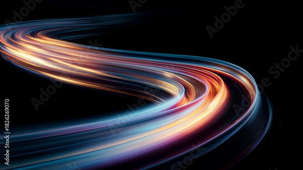 Obraz 黒い背景を駆け抜ける高速な光の軌跡、未来的な青とオレンジのスピード感あふれる抽象的なウェーブ