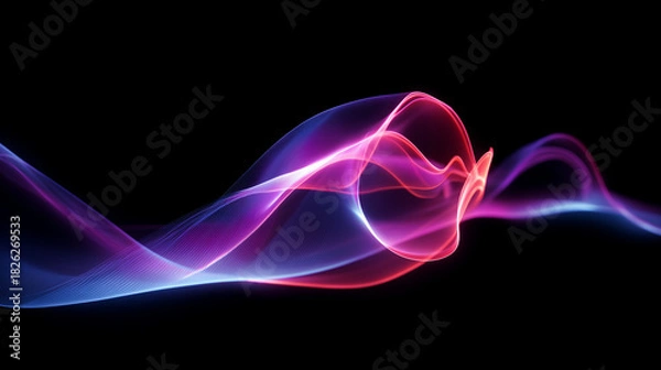 Obraz 黒い背景の中央で渦巻く青と赤の光の帯、情熱的で優美なウェーブを描く抽象的なライン