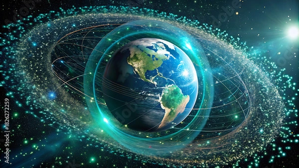 Fototapeta Global network connection data surrounding planet earth sphere