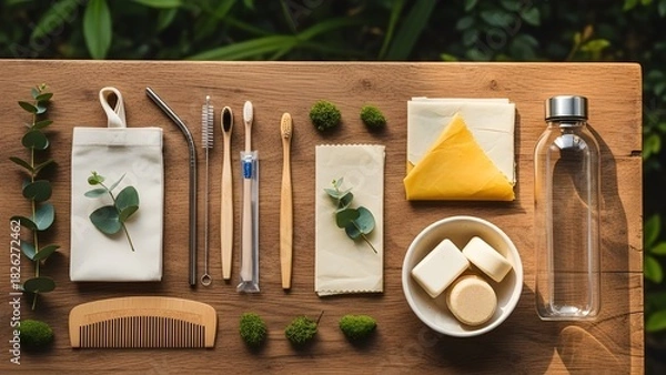 Fototapeta Eco Friendly Reusable Products on Wooden Table With Greenery