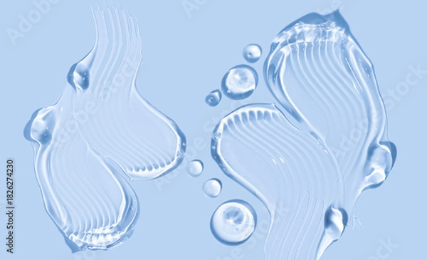 Fototapeta Pure transparent cosmetic gel drops and smears on blue background, skin care glycerin texture. top view