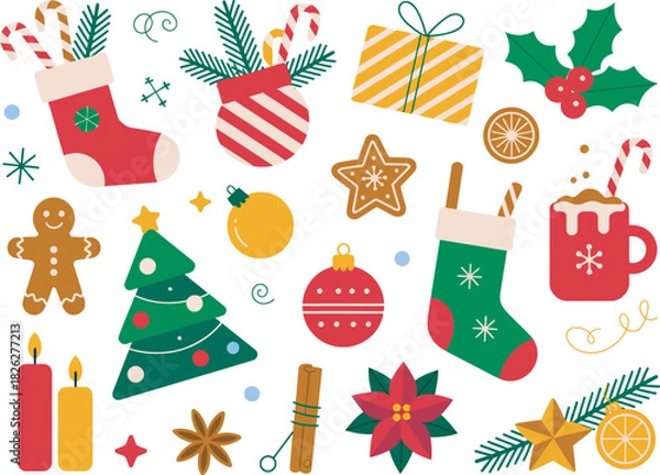 Obraz Festive Christmas vector illustration set featuring traditional holiday decorations and treats perfect for greeting cards and seasonal designs