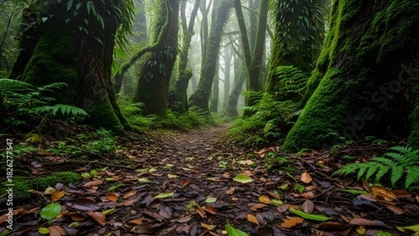 Fototapeta Dewy Forest Path With Lush Moss and Textured Bark