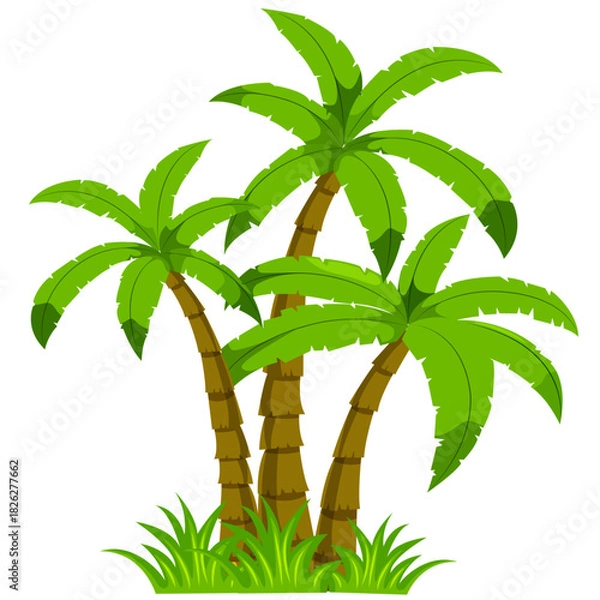 Fototapeta Tropical Island Dream: A vibrant illustration showcases three lush coconut trees reaching towards the sky, set amidst patches of green grass.