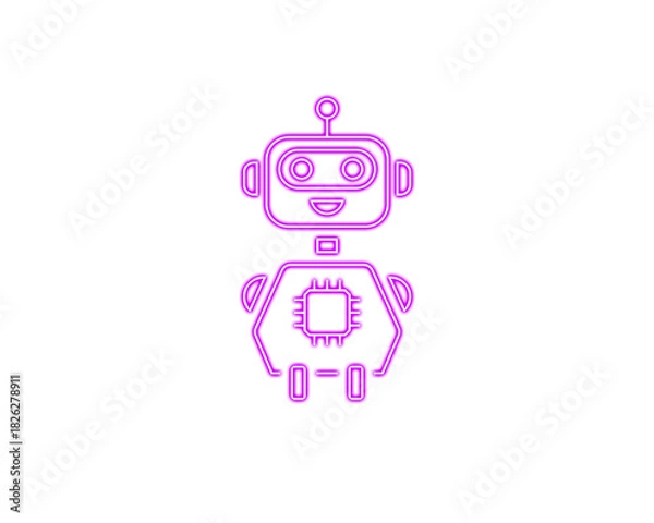 Obraz Cute pink robot icon with a central microchip highlights modern AI engineering. Bright lines emphasize friendly automation and smart technology. Ideal for robotics, machine learning, and digital