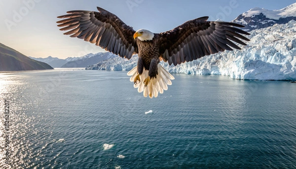 Obraz Majestic eagle in flight above glacial waters. Represents freedom, power,  the wild. Inspiring for travel, conservation,  leadership themes.