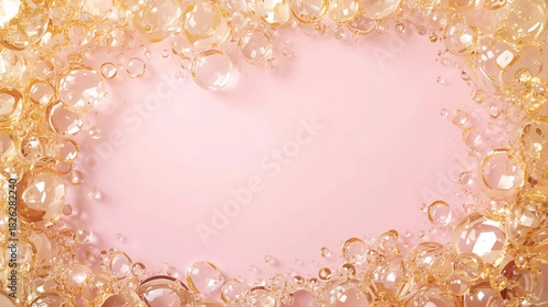 Fototapeta Golden transparent spheres and bubbles frame on pink background