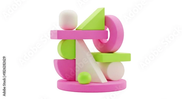 Fototapeta Abstract sculpture of geometric shapes in pink and green