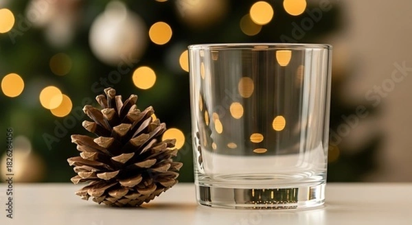 Fototapeta Pinecone and empty glass with christmas tree bokeh lights