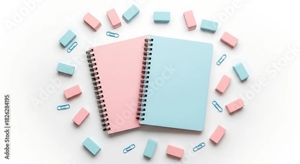 Fototapeta Pastel notebooks and erasers arranged in a circular pattern