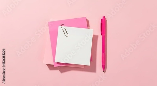 Fototapeta Pink notebook paper and pen on a pastel pink background