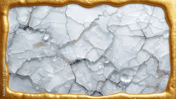Fototapeta Cracked translucent ice texture framed by rough golden border